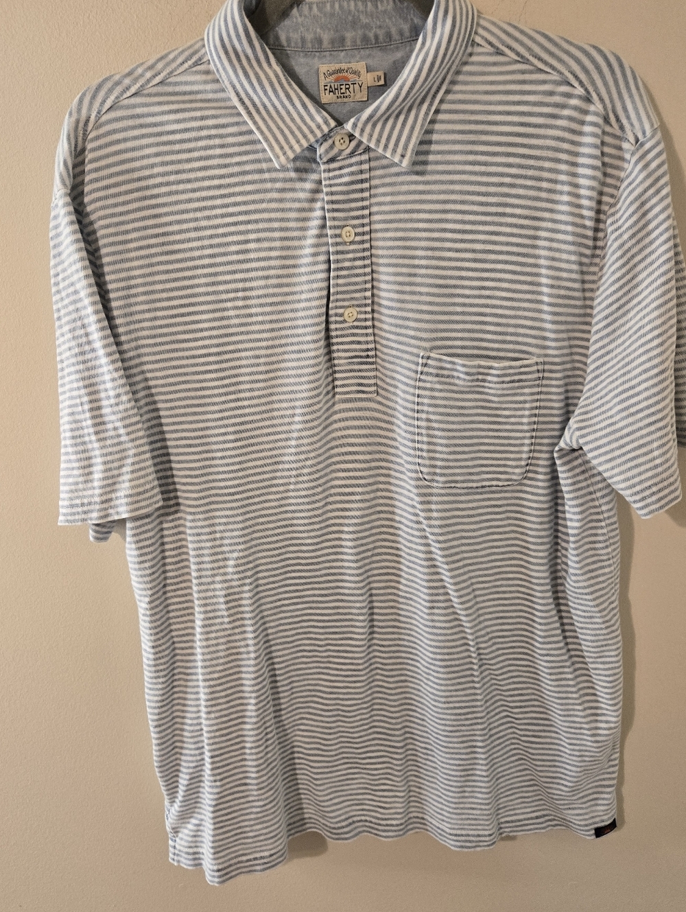 Faherty Polo Shirt Mens Large Sun Washed Blue Striped Cotton Pocket Short Sleeve